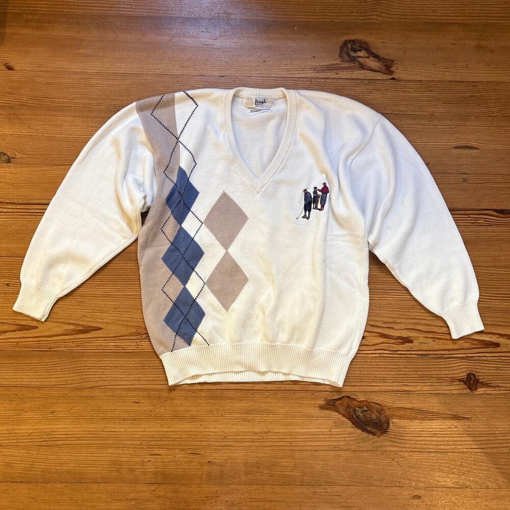 VTG‎ Pringle ivory knit argyle golf embroidered grandpa v neck sweater SIZE L